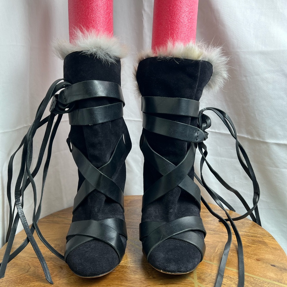 Isabel Marant Neta Rabbit Fur Black Lace Up Boots